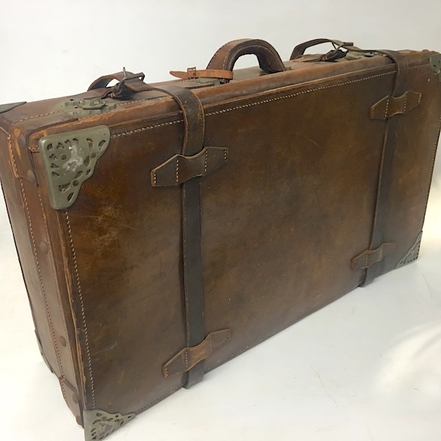 SUITCASE, Vintage Style - Large Brown w Leather Straps & Metal Corners (Japanese Style)